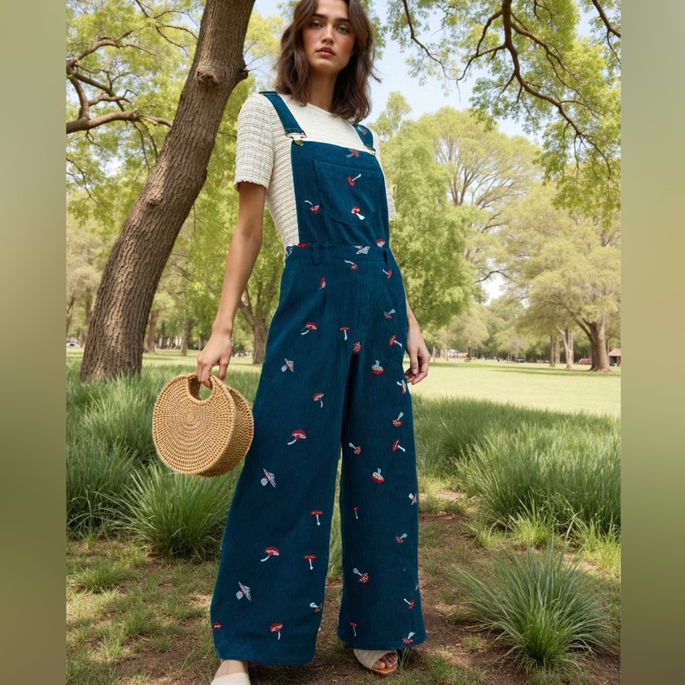 Wide-Leg Mushroom Print Black Jumpsuit Overalls 🍄 NWOT